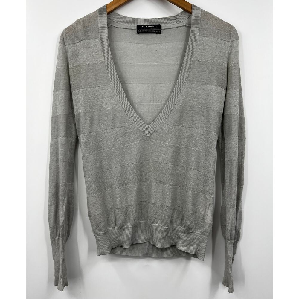 Club Monaco Sweater Gray 100% Linen Striped V-Neck Pullover Size XS